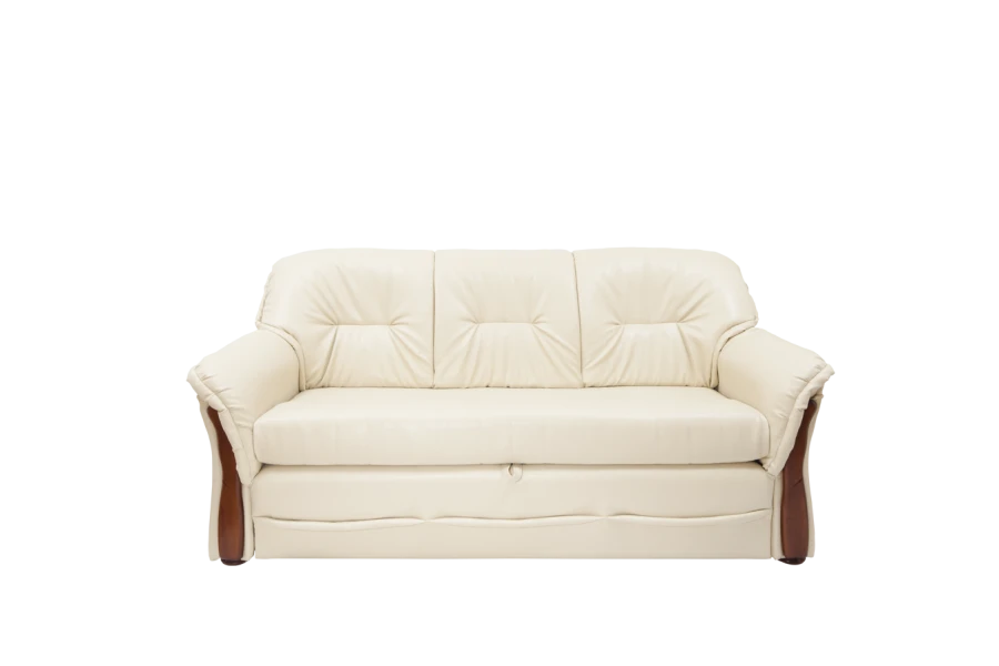 Elegantes 3-Sitzer Sofa in Creme mit hochwertigem Lederbezug und Holzdetails.