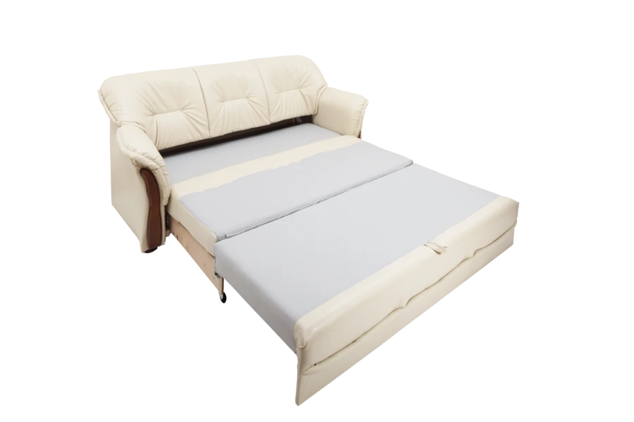 Schlafsofa in Beige, komplett ausgezogen zur Liegefläche, ideal für Gäste.
