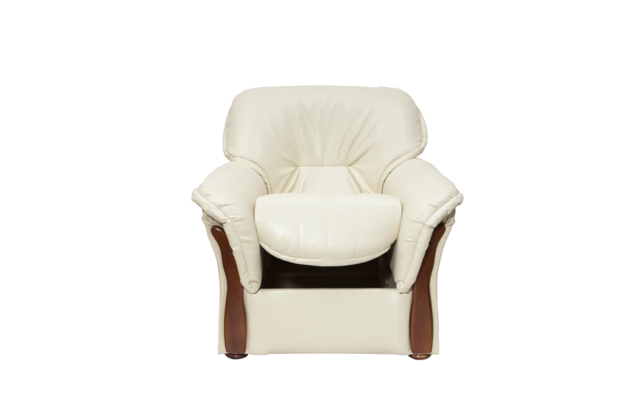 Klassischer Ledersessel in Creme mit eleganten Holzapplikationen