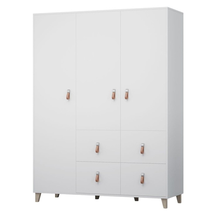 Moderner weißer Kleiderschrank mit braunen Ledergriffen