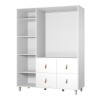 Innenansicht Kleiderschrank weiß mit Fächern, Kleiderstange und 4 Schubladen.