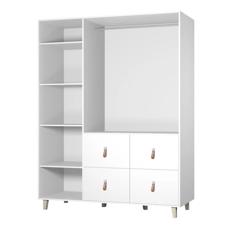 Innenansicht Kleiderschrank weiß mit Fächern, Kleiderstange und 4 Schubladen.