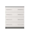 Moderne commode in wit en grijs met 4 laden en zilveren handgrepen.