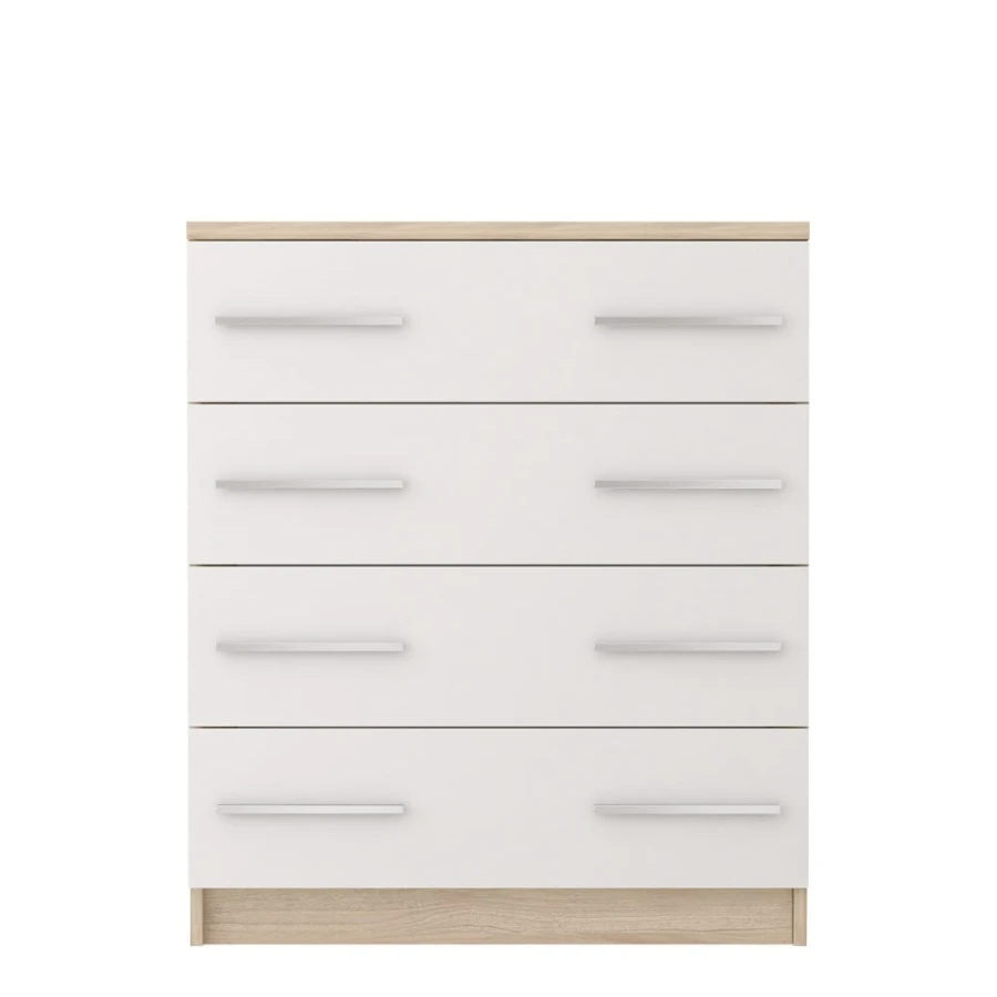 Stilvolle Kommode in Weiß und Eiche-Optik mit 4 Schubladen für das Schlafzimmer.