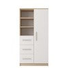 Hoge kast in eiken-look en wit met 3 laden, deur en 3 open schapvakken.