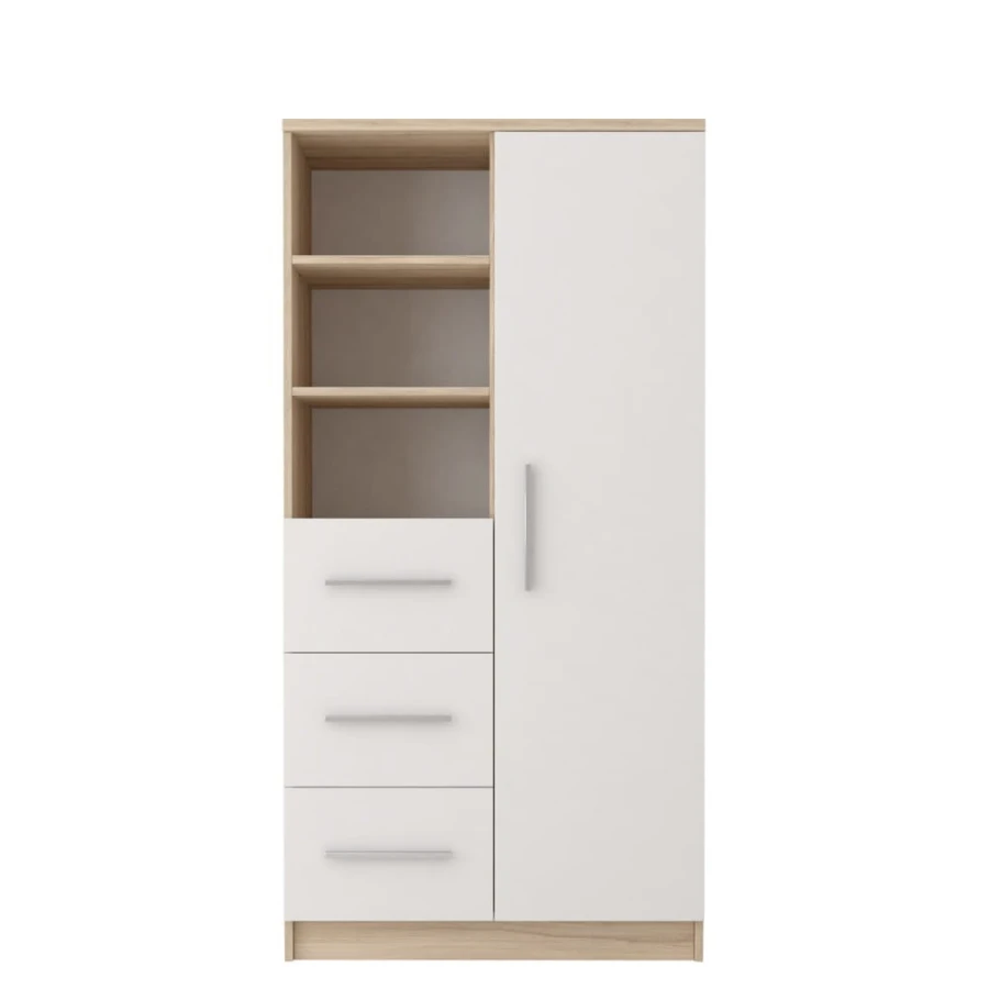 Hoge kast in eiken-look en wit met 3 laden, deur en 3 open schapvakken.