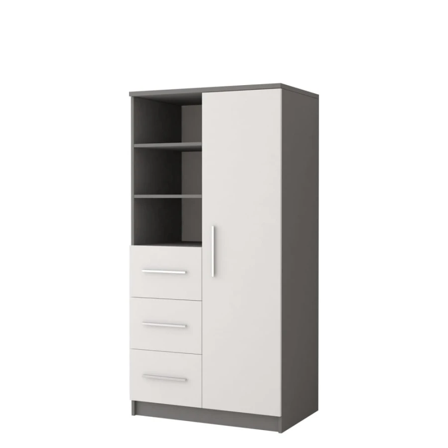 Mehrzweckschrank in Anthrazit und Weiß mit Schubladen und Regalfächern, Seitenansicht.