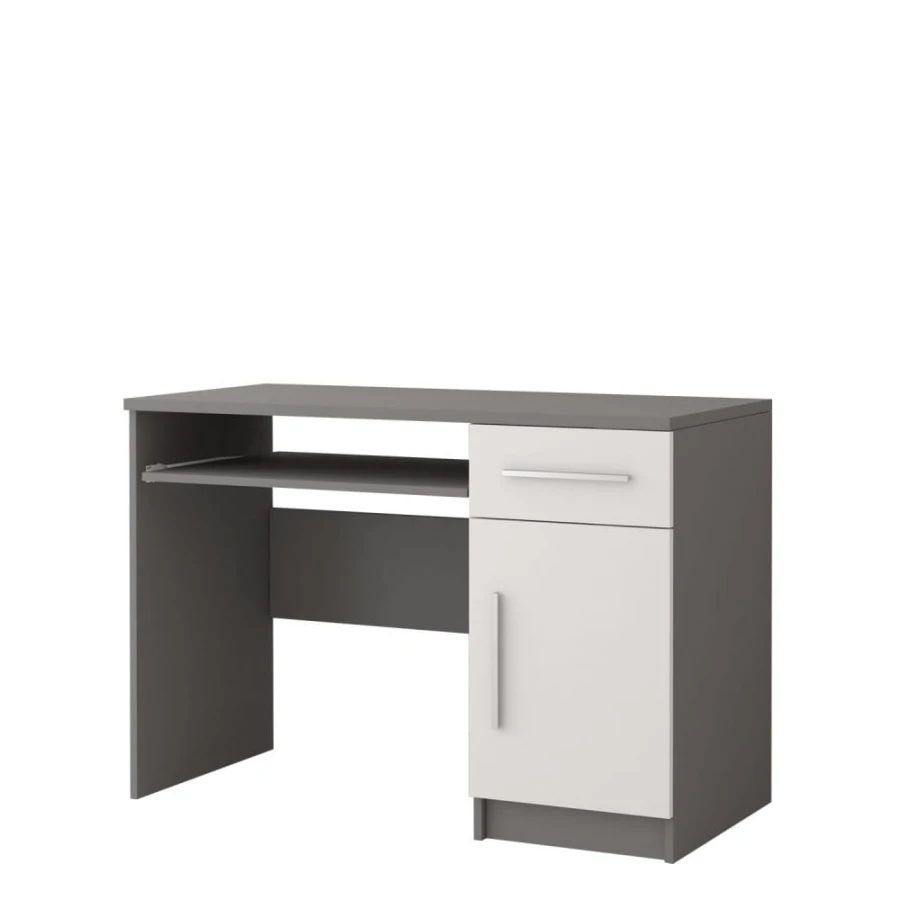 Moderner Schreibtisch in Grau und Weiß mit Tastaturauszug und Stauraum.