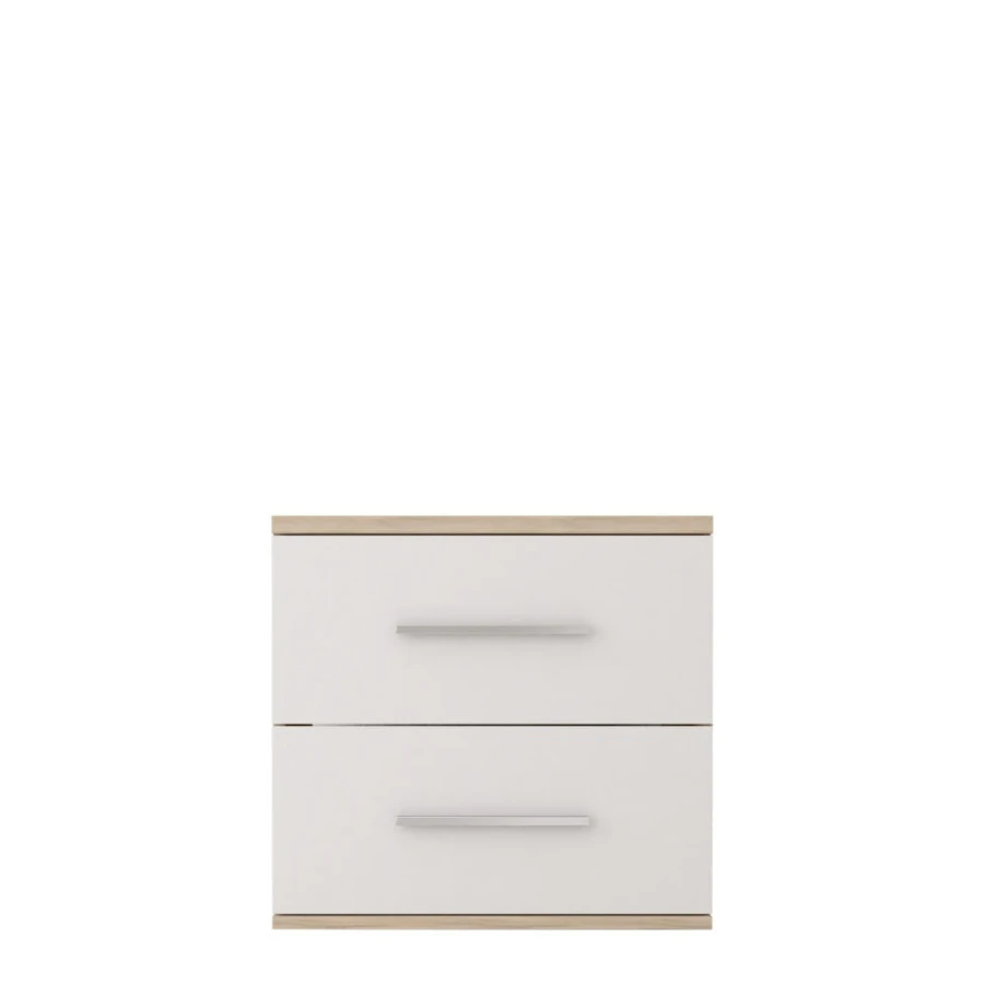 Weiße Nachtkonsole mit Holzrahmen und zwei Griffen, Frontalansicht der kompakten Schlafzimmer-Kommode.