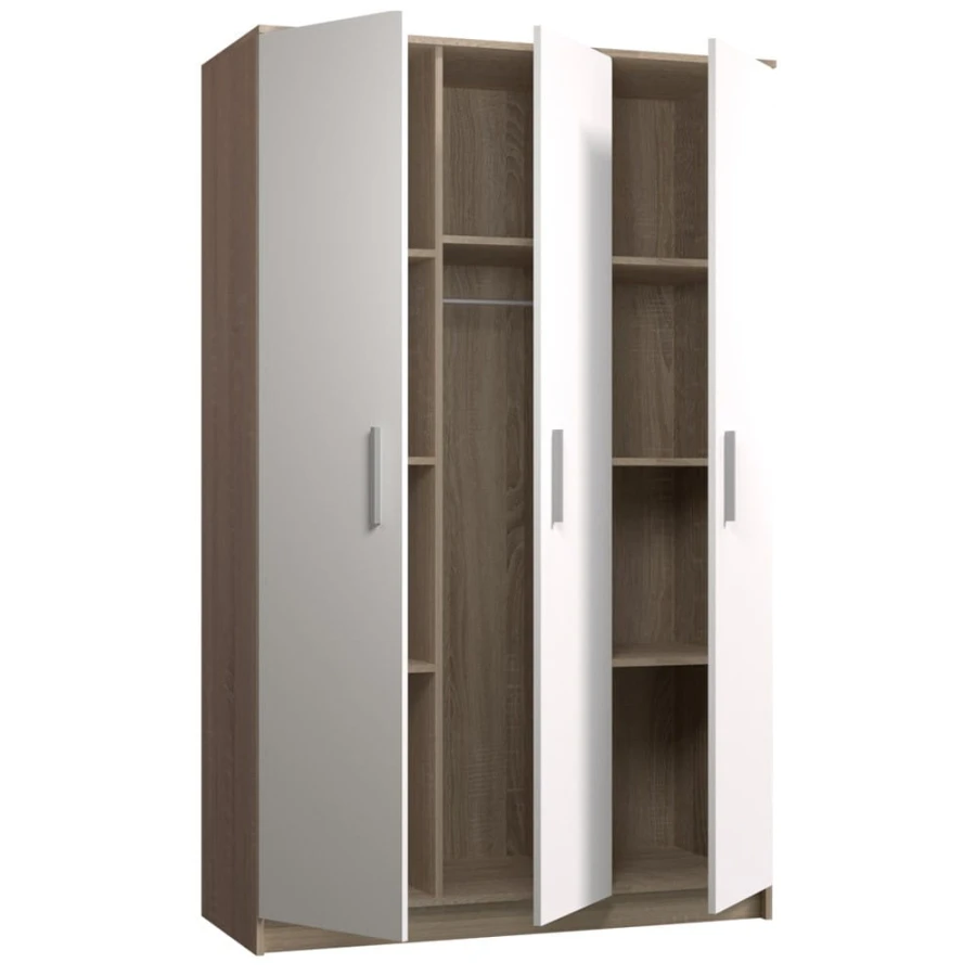 Geöffneter Kleiderschrank mit Innenansicht, Kleiderstange und Ablagefächern