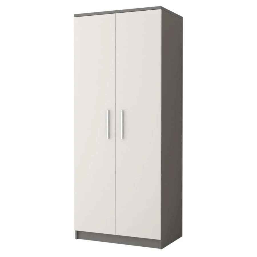 Schmaler zweitüriger Kleiderschrank in Weiß und Grau für das Jugendzimmer.