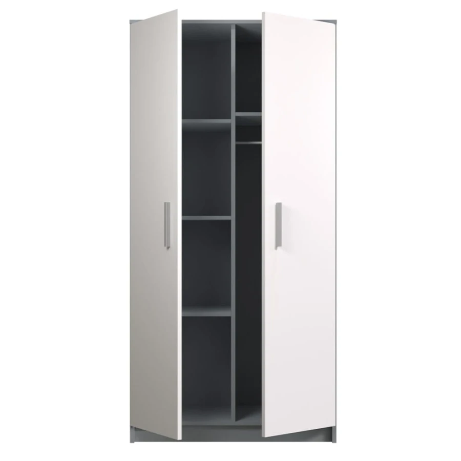 Geöffneter Kleiderschrank in Grau mit Einlegeböden und integrierter Kleiderstange.