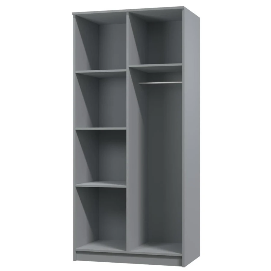 Innenansicht Kleiderschrank in Grau mit praktischer Fachaufteilung und Kleiderstange.