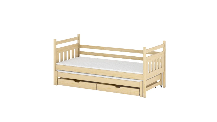 Klassisches Kinderbett aus hellem Naturholz mit Ausziehbett und zwei geräumigen Schubladen.