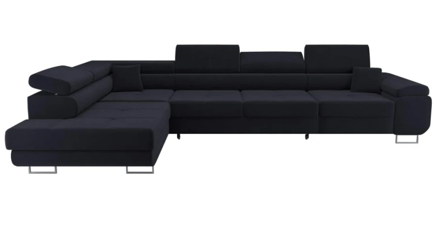 Modernes schwarzes Ecksofa in L-Form mit verstellbaren Kopfstützen.