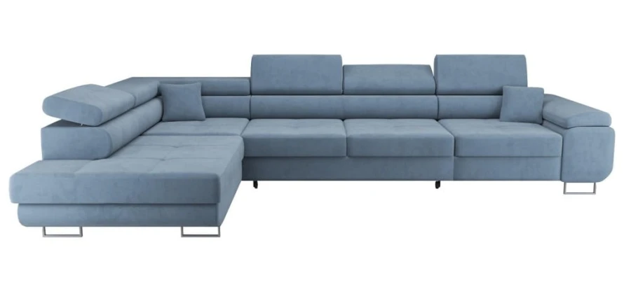 Hellblaues Ecksofa in L-Form mit modernem Design und Polsterbezug.