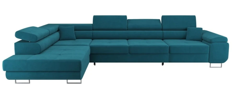 Modernes Ecksofa in Petrol mit verstellbaren Kopfstützen und L-Form Design.