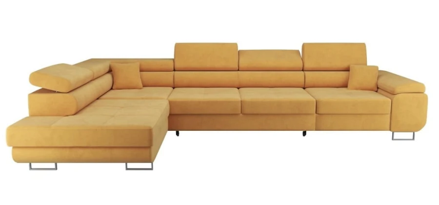 Großzügiges Ecksofa in Senfgelb mit L-Form und eleganten Metallfüßen.