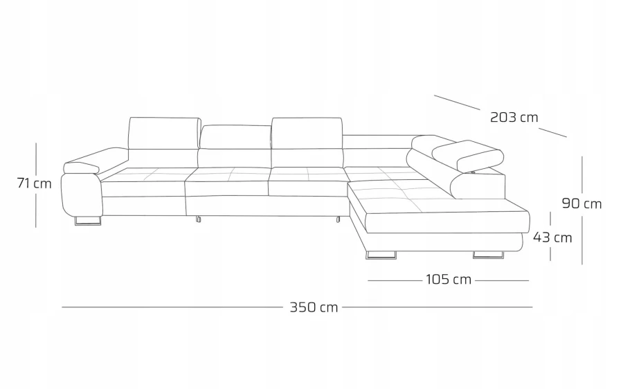 Technische Zeichnung mit Maßen des Ecksofas: Breite 350 cm, Tiefe 203 cm, Höhe 90 cm.