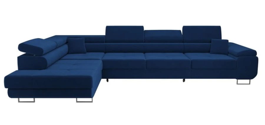 Großes Ecksofa in Dunkelblau mit L-Form links und gemütlichen Polstern für das Zuhause.