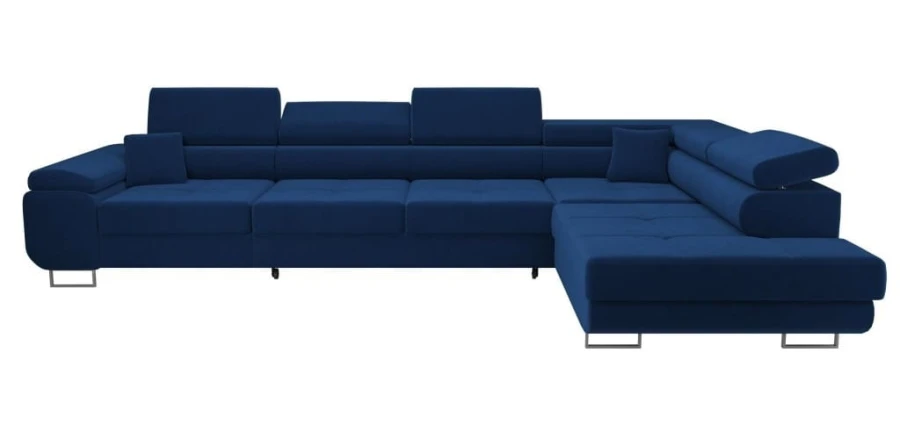 Modernes dunkelblaues Ecksofa in L-Form rechts mit verstellbaren Kopfstützen.
