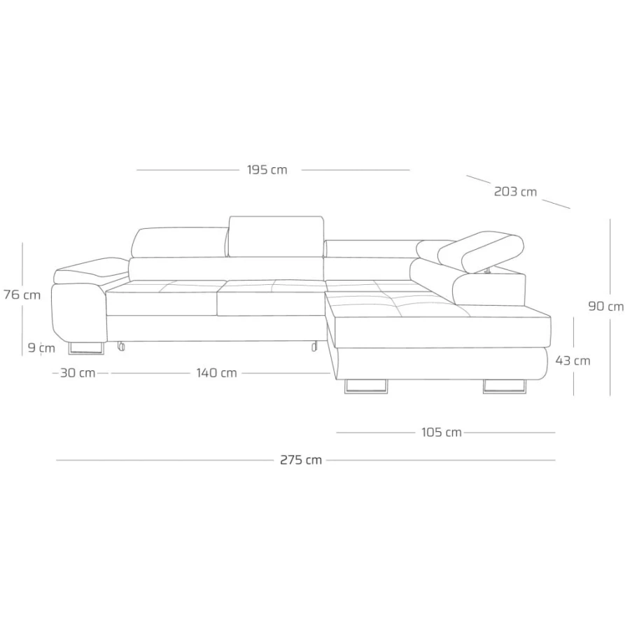 Maßskizze eines modernen Ecksofas mit detaillierten Zentimeterangaben für die Planung.