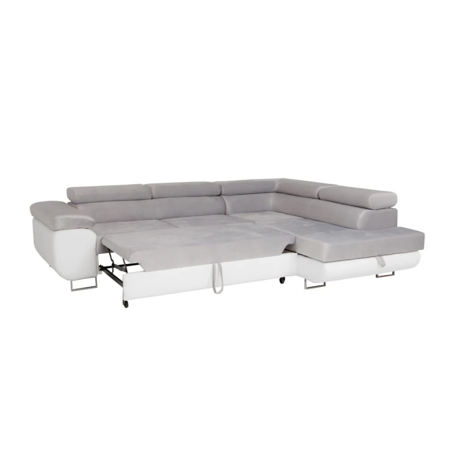 Modernes Ecksofa in Grau und Weiß mit ausgezogener Schlaffunktion als Gästebett.