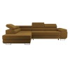 Modernes Ecksofa in Senfgelb mit verstellbaren Kopfstützen und Metallfüßen.