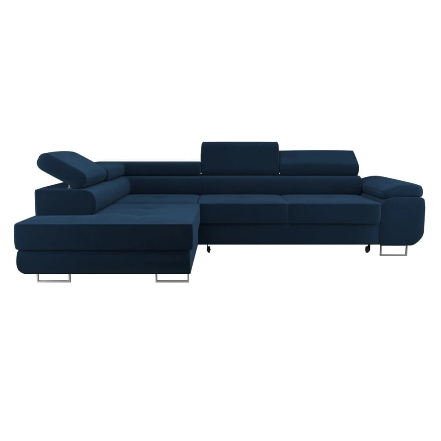 Ecksofa in Dunkelblau mit Kopfteilverstellung und elegantem Stoffbezug.