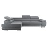 Graues Ecksofa in L-Form mit modernem Design und verstellbaren Kopfstützen.