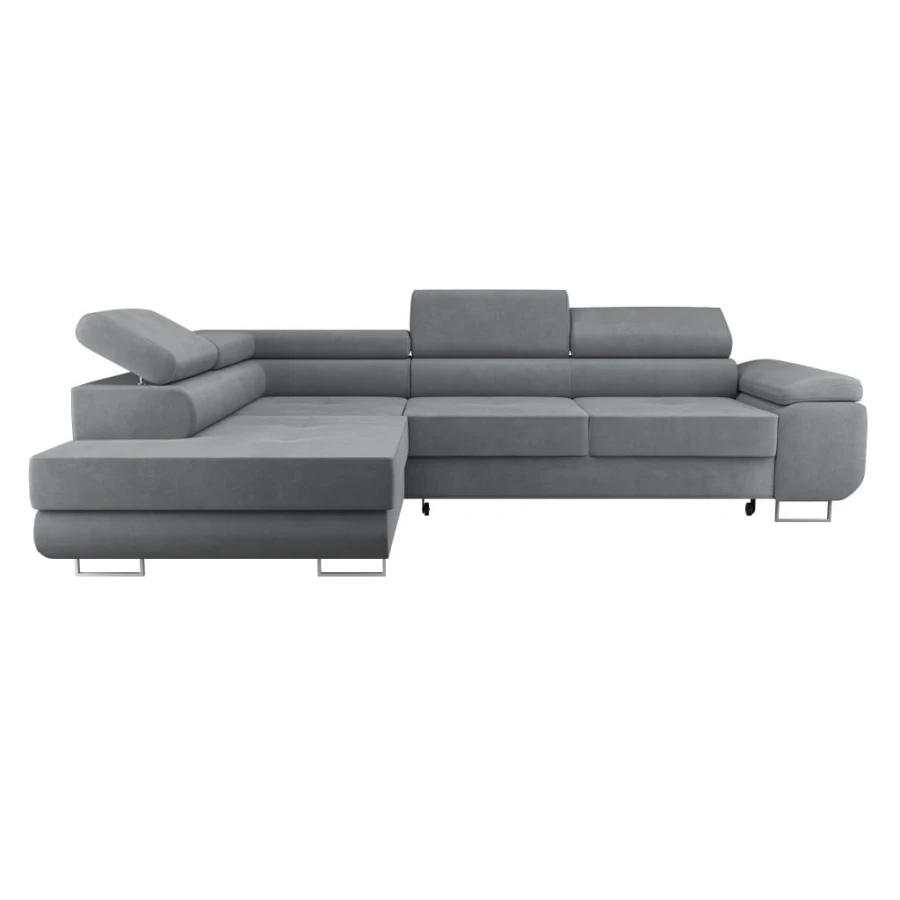 Graues Ecksofa in L-Form mit modernem Design und verstellbaren Kopfstützen.