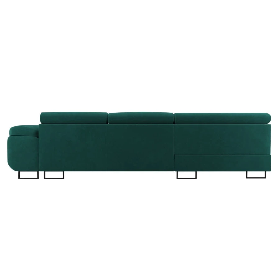 Rückansicht eines modernen Ecksofas in Dunkelgrün aus Samt mit Metallfüßen.