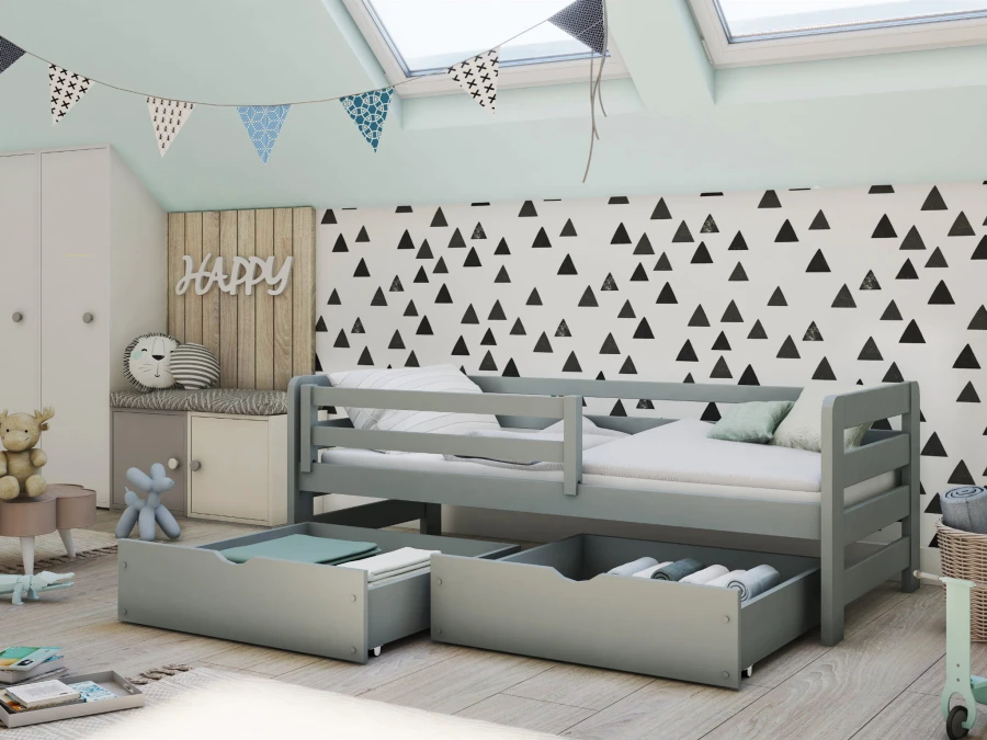 Modernes graues Kinderbett aus Holz mit praktischen Stauraum-Schubladen.