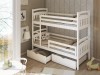 Weißes Etagenbett für Kinder mit Leiter und Schubladen aus Holz.