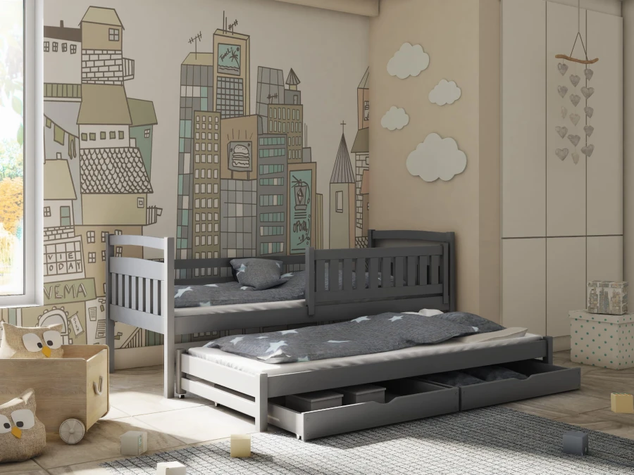 Dunkelgraues Funktionsbett für Kinder mit Ausziehfunktion und Stauraum.