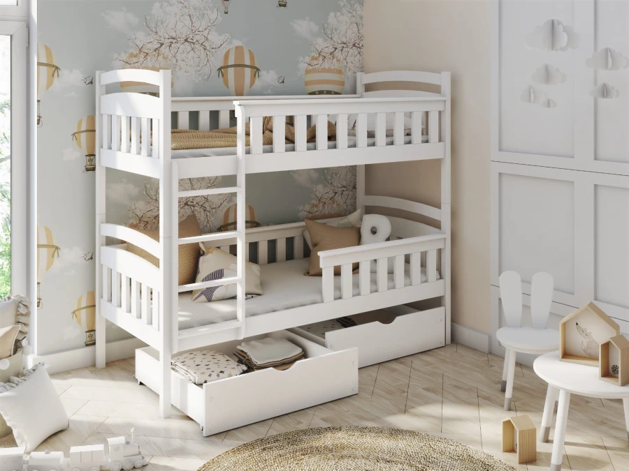 Stabiles weißes Stockbett für Kinder mit Unterbettkommode und Leiter.