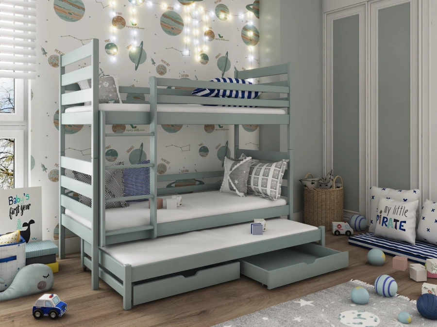 Graublaues Etagenbett mit Ausziehbett und Schubladen im Weltraum-Design-Kinderzimmer