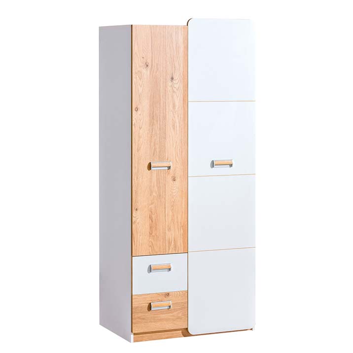 Moderner Kleiderschrank für das Kinderzimmer in Weiß und Eiche-Optik mit Schubladen.