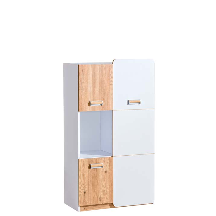 Modernes Highboard in Weiß und Eiche-Optik mit drei Türen und einem offenen Regalfach.
