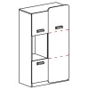 Technische Zeichnung eines Highboards mit Türen und einem offenen Fach, Korpus in Weiß.