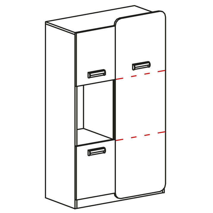 Technische Zeichnung eines Highboards mit Türen und einem offenen Fach, Korpus in Weiß.