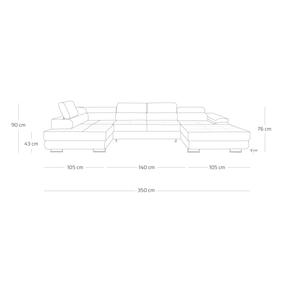 Detaillierte Maßzeichnung einer großen Wohnlandschaft in U-Form mit 350 cm Breite.