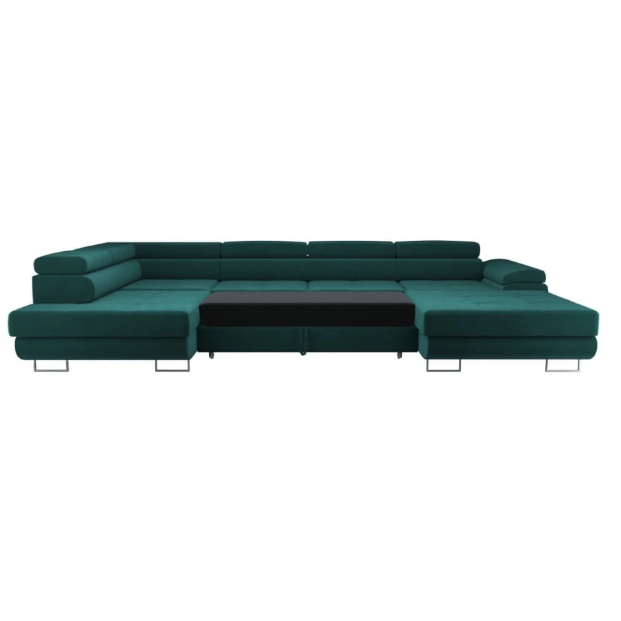 U-Sofa in Dunkelgrün mit ausgezogener Schlaffunktion.