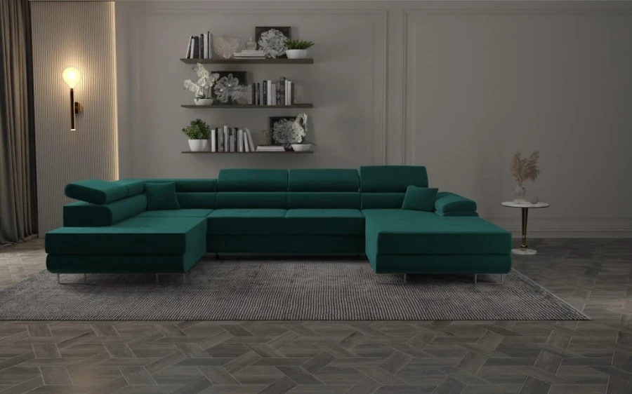 Grüne Wohnlandschaft in U-Form im eleganten Wohnzimmer-Ambiente.
