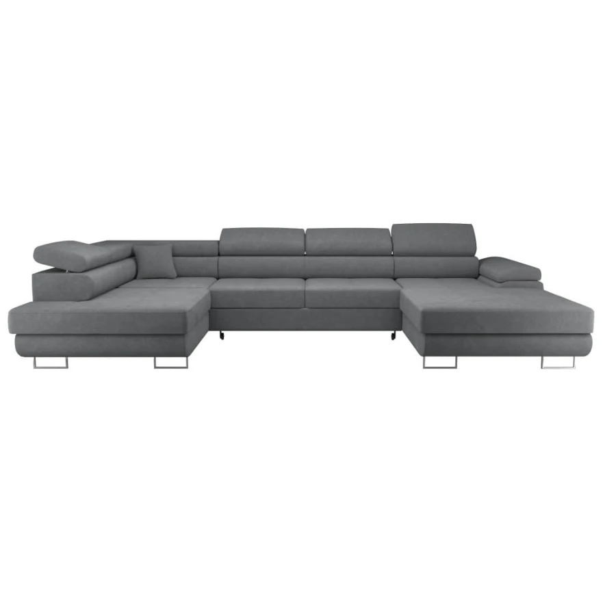 Graues U-förmiges Sofa mit verstellbaren Kopfstützen und Metallfüßen vor weißem Hintergrund.