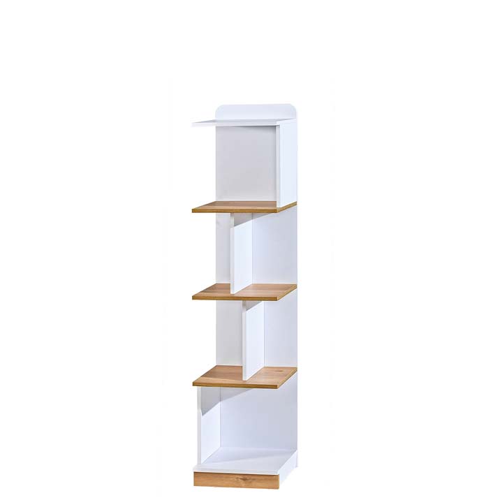 Schmales, modernes Standregal in Weiß mit Regalböden in warmer Holzoptik für Bücher und Deko.