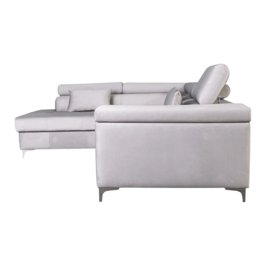 Graues Ecksofa Seitenansicht mit verstellbaren Kopfstützen und Metallfüßen.