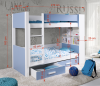 Etagenbett in Blau-Weiß mit Maßen, Regalen und Bettkasten für das Kinderzimmer.