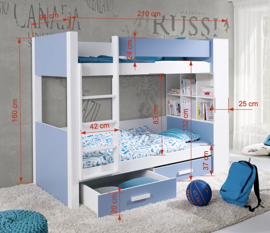 Etagenbett in Blau-Weiß mit Maßen, Regalen und Bettkasten für das Kinderzimmer.