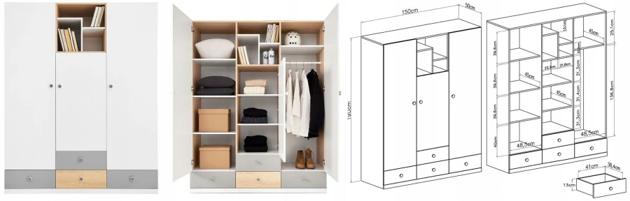 Weißer Kleiderschrank mit Maßen und Inneneinteilung, Akzente in Grau und Holzoptik.
